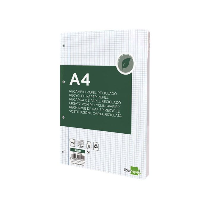 Recambio Liderpapel A4 100 Hojas Papel Reciclado 100% 80 gr-M2 Cuadro 4 mm Con Margen 4 Taladros 2