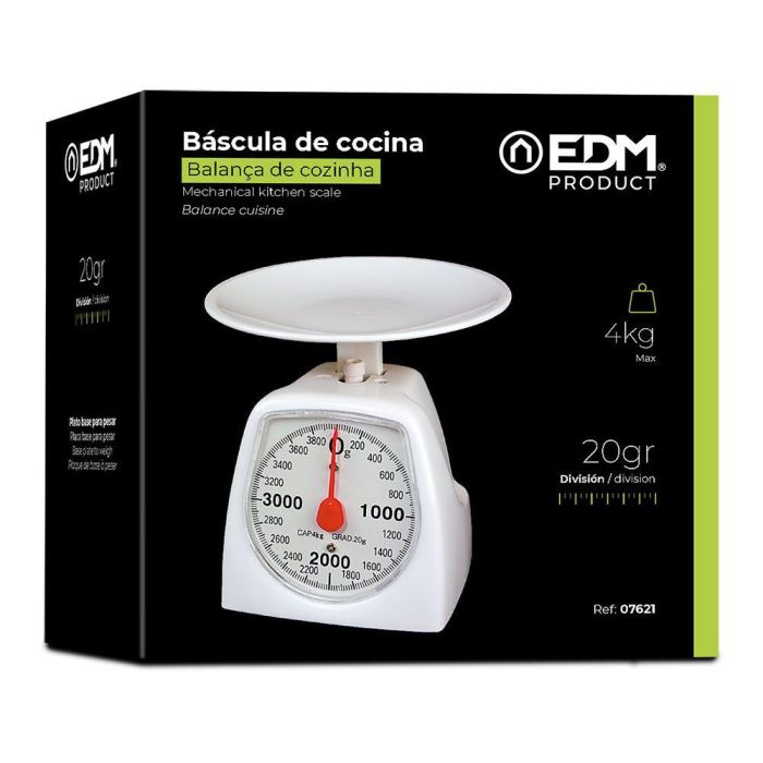 EDM Báscula Analógica de Cocina 4 kg, División 20 g, Plato Ø16.5 cm, Color Blanco, Modelo Cocina