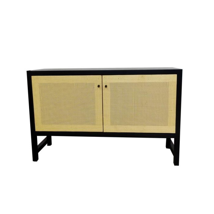DKD Home Decor Buffet Balines Aparador Mueble Auxiliar de Ratan y Abeto Negro Natural con 2 Puertas y 1 Estantería 120x38x76 cm