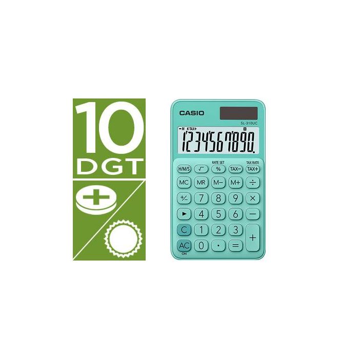 Calculadora Casio Sl-310Uc-Gn Bolsillo 10 Digitos Tax +-- Tecla Color Verde