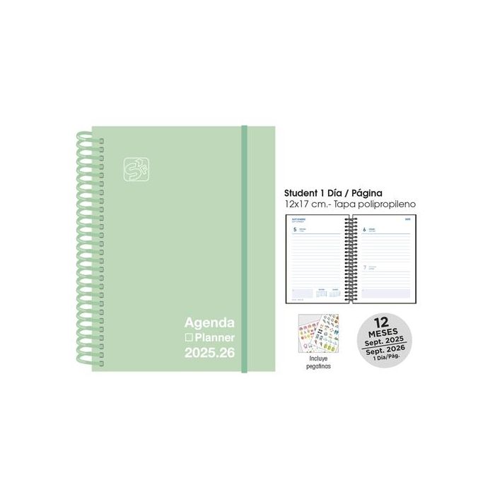 Agenda Escolar (2025-26) Senfort Catalan Student Unicolor Espiral Tapa Pp Con Goma 120X170 D/P Pastel Verde