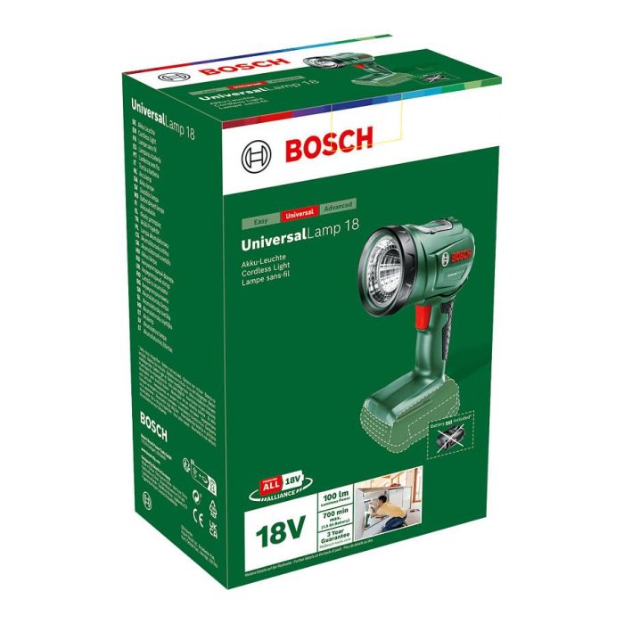 Bosch UniversalLamp 18 - Linterna LED Portátil de Trabajo, Color Negro y Verde, Flujo Luminoso 100 lm
