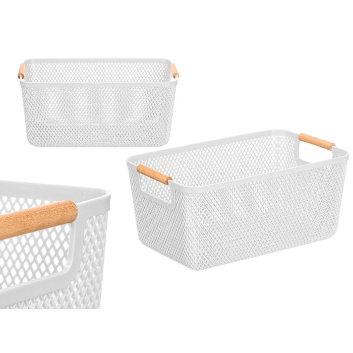 Kipit Cesta de Plástico con Asa de Bambú, Blanca, 27.5x18 cm (Set de 24)