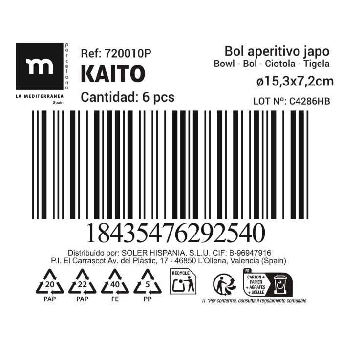 La Mediterranea Bol Aperitivo Japonés Ø15.3 x 7.2 cm con 6 Diseños Relieve "Kaito" Cerámica (18 Unidades)