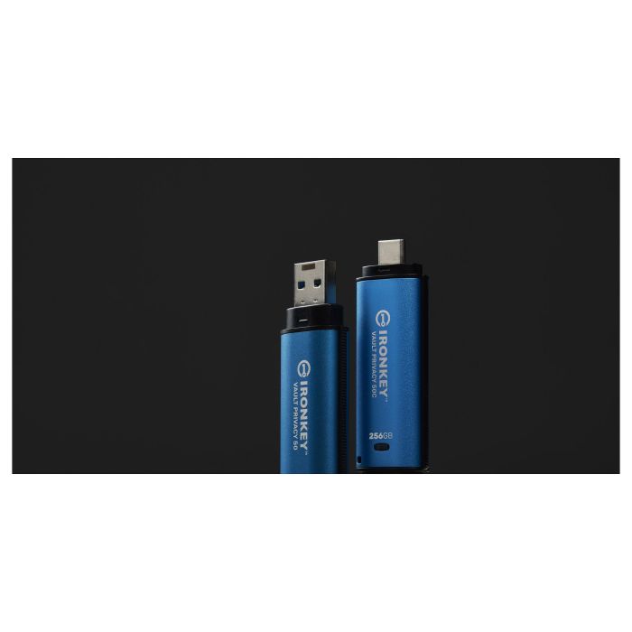 Kingston IronKey Vault Privacy 50C - Llavero USB-C 256GB, Cifrado Hardware AES-256, FIPS 197, Resistente Agua IPX8, 230 MB/s - Negro/Azul 8