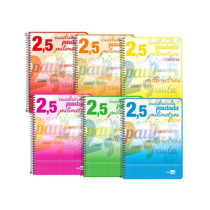 Cuaderno Espiral Liderpapel Cuarto Pautaguia Tapa Blanda 40H 75 gr Cuadro Pautado 2,5 mmcon Margen Colores Surtidos 10 unidades 2