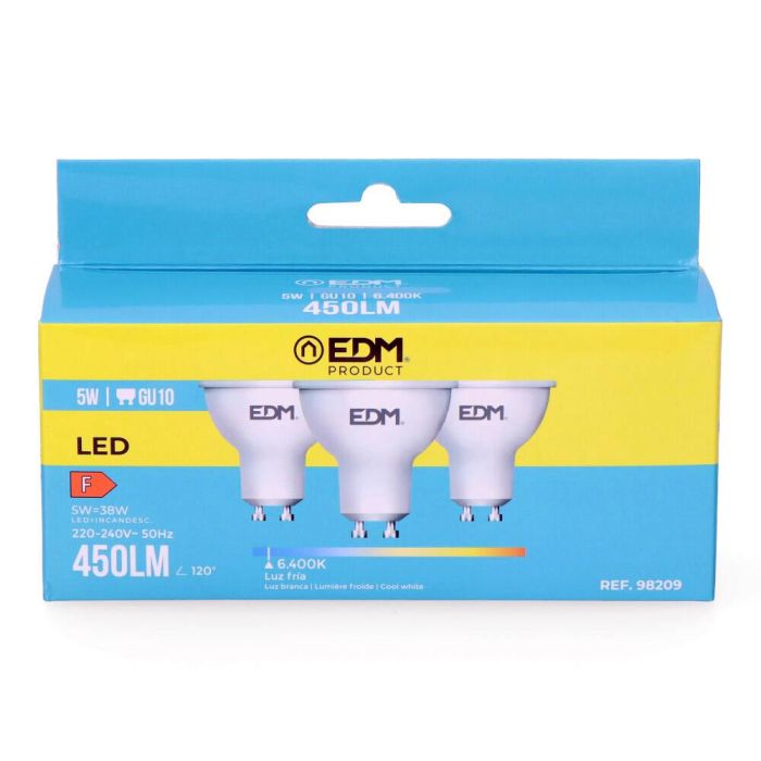 Edm Kit 3 Bombillas Dicroicas LED GU10 5W 450LM 6400K Luz Fría 1