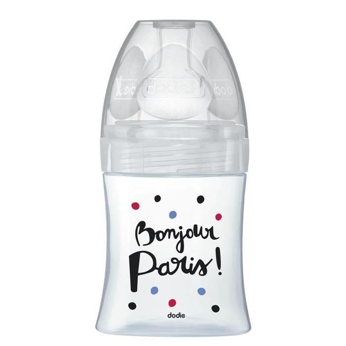 Dodie Sensation + Biberón Anticólico Paris de Vidrio 150 ml, Tetina Plana para Leche Materna, Sin BPA, Antifugas