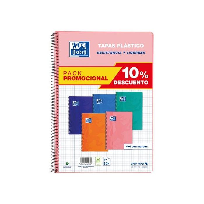 Oxford Cuaderno Espiral Folio 80 Hojas 4x4 mm con Margen Tapa Plástico Pack 5 Unidades Colores Surtidos