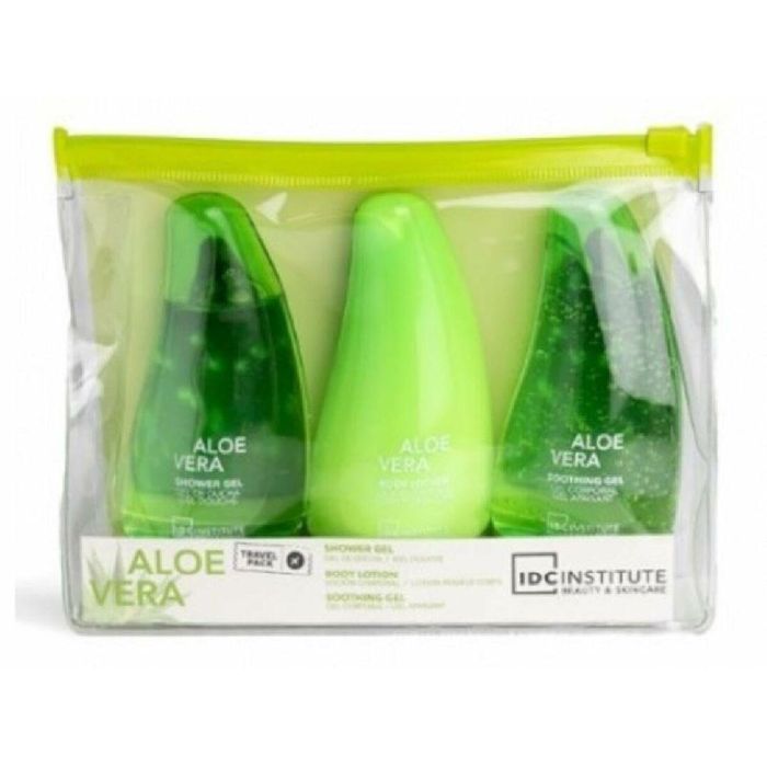 IDC INSTITUTE Estuche de Viaje Aloe Vera 3 Piezas: Gel de Baño, Loción Corporal y Gel Calmante para Piel Hidratada