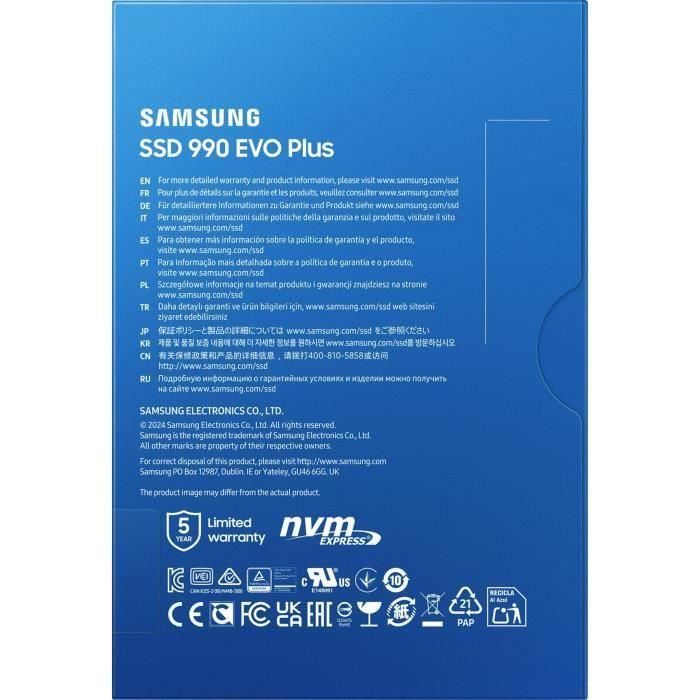 Samsung 990 EVO Plus MZ-V9S4T0BW SSD 4TB M.2 PCIe Gen5 NVMe, hasta 7250 MB/s lectura, compatible PS5 y PC 5