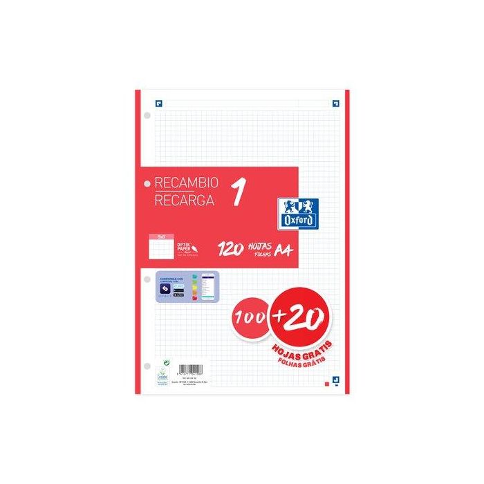 Recambio Oxford School Color 1 A4 100H 90Gr 4 Taladros Cuadric.5X5 Rojo (1 Color En Banda)
