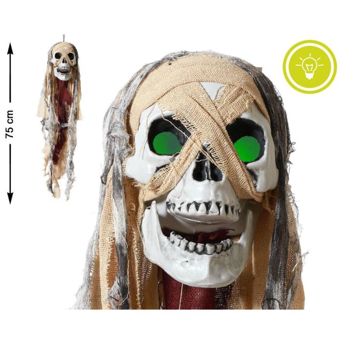 Cráneo Colgante Con Vendajes Y Ojos Verdes Iluminados 75 cm Decoración Terror Halloween