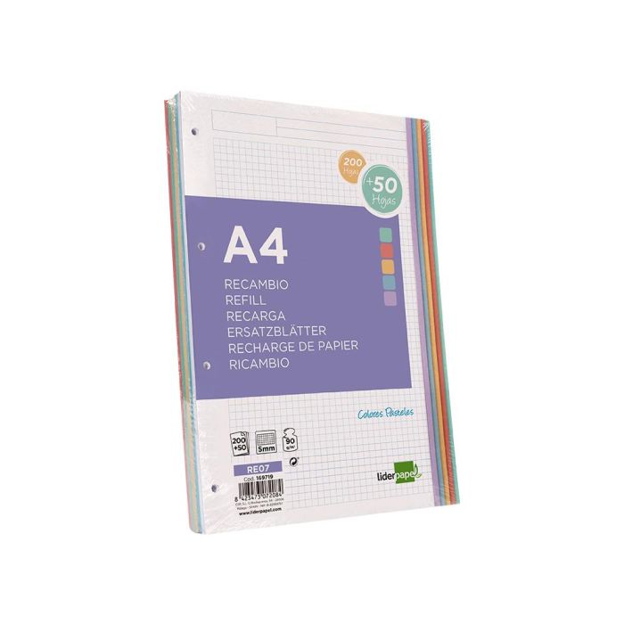 Recambio Liderpapel A4 200+50 Hojas 90 gr-M2 Cuadro 5 mm 4 Taladros Bandas De 5 Colores 3