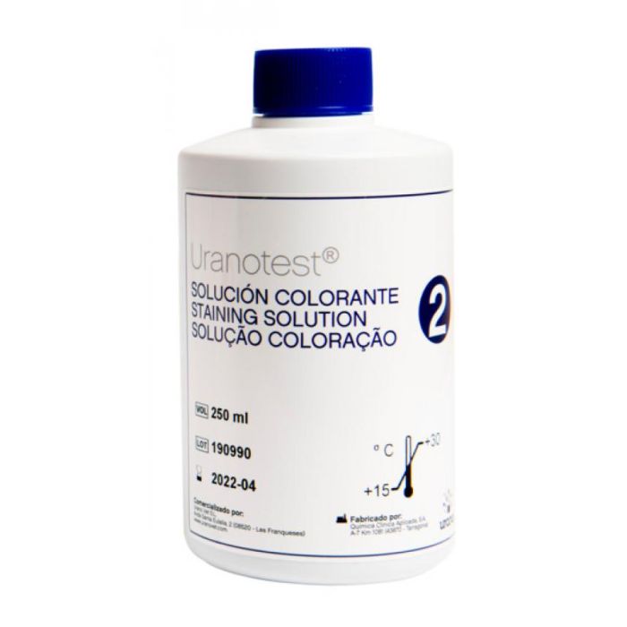 Uranotest Solución Colorante 2 Azul 250 mL - Tinción Romanowsky, Panóptico rápido, Diff-Quik® Uranotest Solución Colorante 2 Azul 250 mL - Tinción Romanowsky, Panóptico rápido, Diff-Quik®