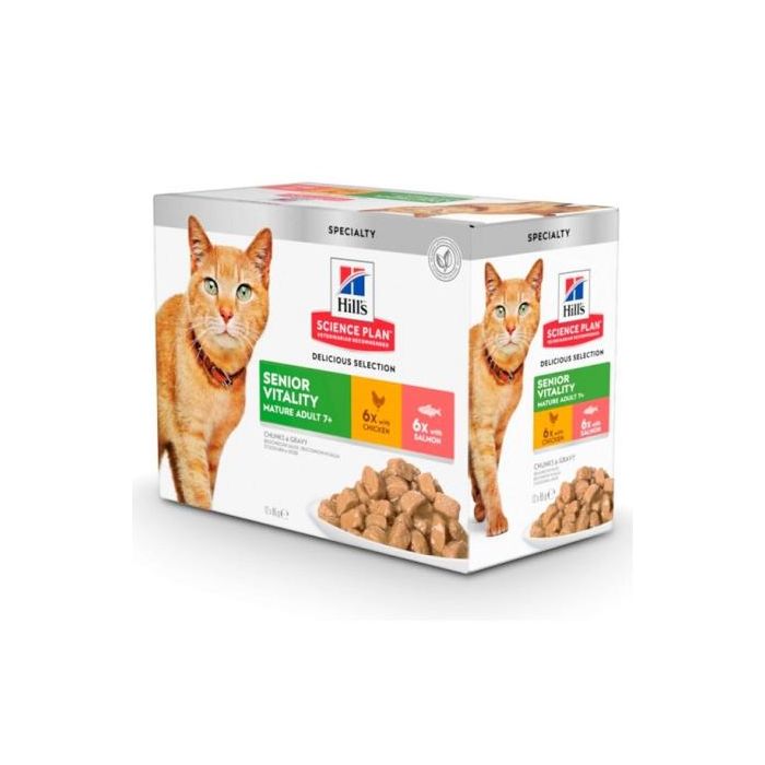 Hill's Feline Senior Vitality 7+ Comida Húmeda para Gatos Mayores de Pollo y Salmón, 12 sobres de 85 g