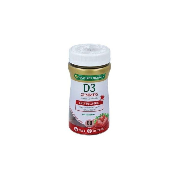Nature'S Bounty Vitamina D3 1000 UI Gomitas de Fresa Veganas 60 Gomitas - Sin Gluten, Lactosa, Azúcar para Huesos, Músculos e Inmunidad