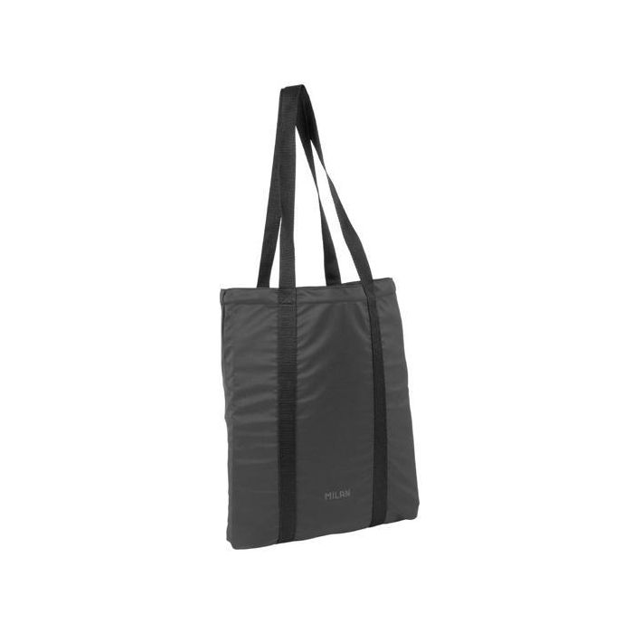 Milan Bolso Tote Bag Serie Shadow Negro de Tela Poliéster, Cierre Cordón, Ligero y Minimalista, Ideal Compra/Día a Día, 5L (40x35x7cm)