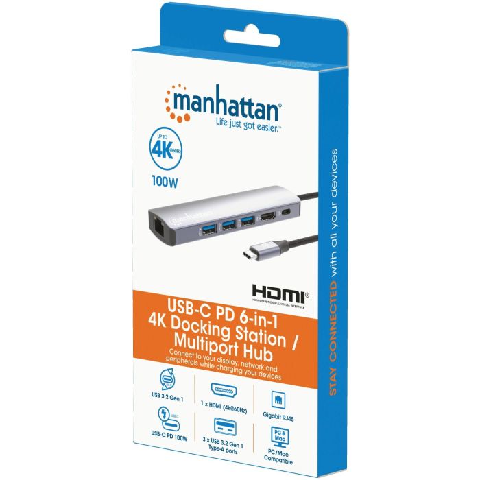 MANHATTAN 6-in-1 4K USB-C Dockingstation 1xHDMI 3xUSB 5 Gb/s 8