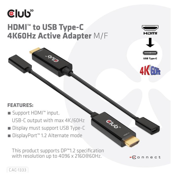 Club3D Adaptador HDMI 2.0 a USB-C CAC-1333, Resolución 4K a 60Hz, Activo, Negro 2
