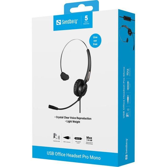 Sandberg USB Office Headset Pro Mono Auricular con Micrófono Flexible, Control de Volumen en Cable y Diadema Ajustable 4