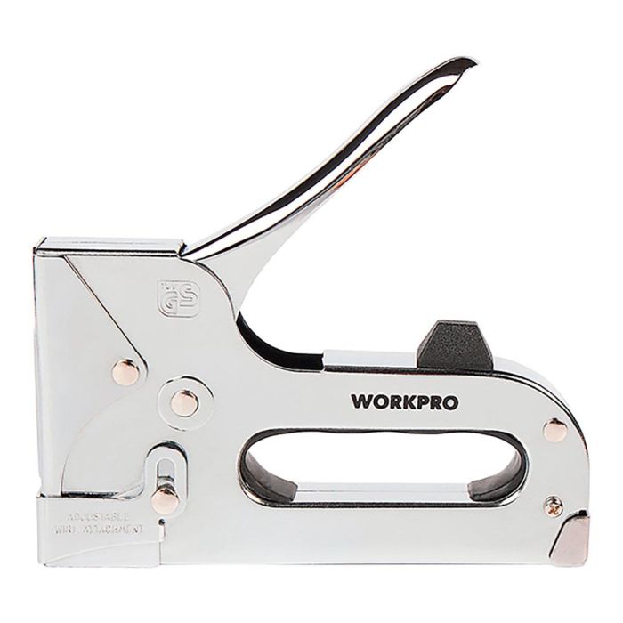 Workpro Grapadora 4 - 14 mm, Palanca Bloqueable, Mecanismo Acero, Estructura Precisión, Cromado Larga Vida