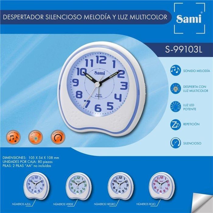 SAMI Despertador Sami Infantil Blanco con Melodías y Luz, Color Negro