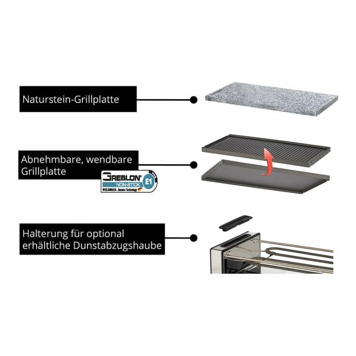 UNOLD Tischgrill Raclette Delice Basic 48760, para 8 personas, 2 placas antiadherentes desmontables, potencia 1200W, termostato ajustable, color negro y acero inoxidable 7