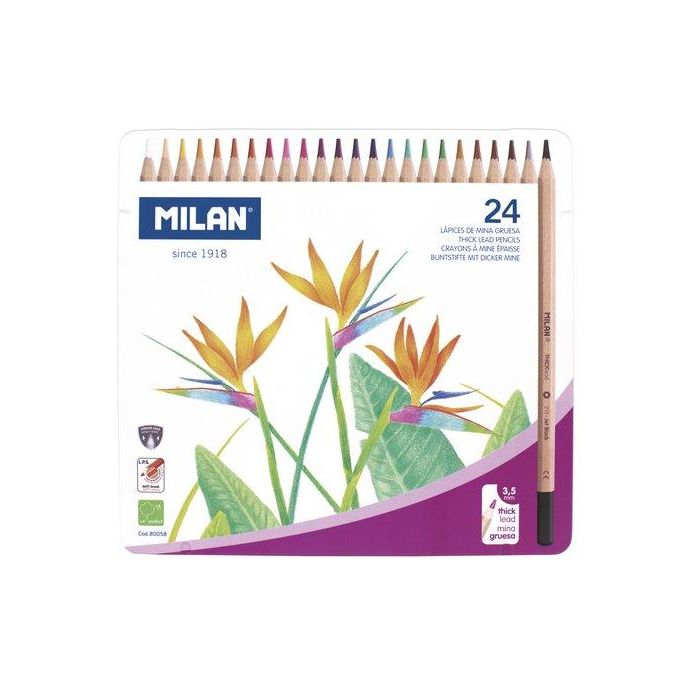 Lapices De Colores Milan Hexagonal Mina Gruesa 3,5 Mm Caja Metalica De 24