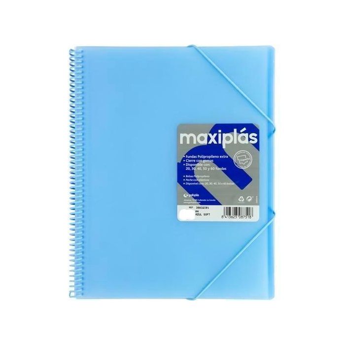 Grafoplás Carpeta Con Fundas Maxiplás Espiral A4 40 Fundas C-Sobre Pp Rígido Translúcido Azul Soft