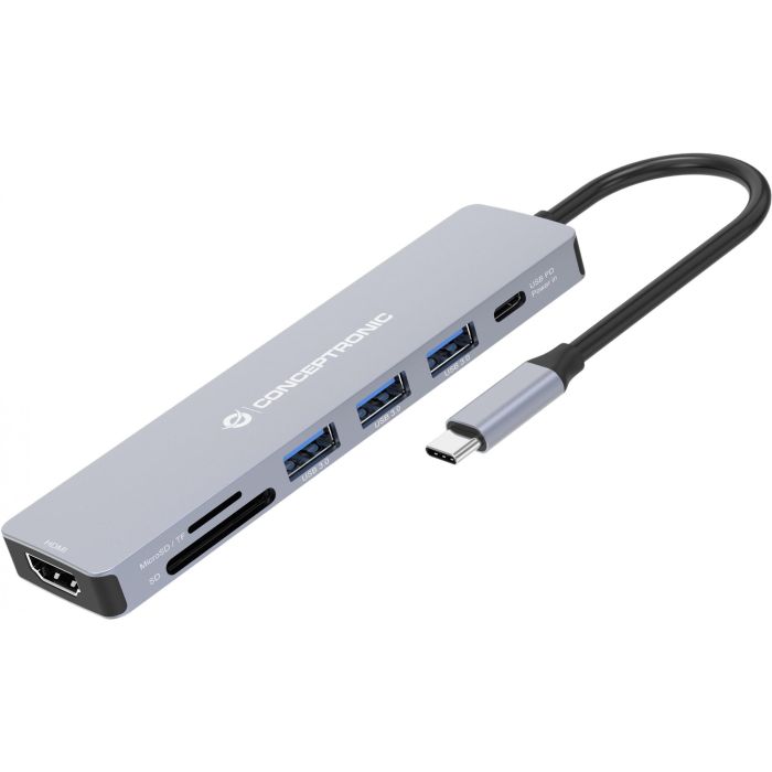 Conceptronic DONN19GR Hub USB Tipo C Gris con 3x USB-A, 1x USB-C, HDMI 1.4, 5Gbps, 4K Ultra HD, Power Delivery 100W 1