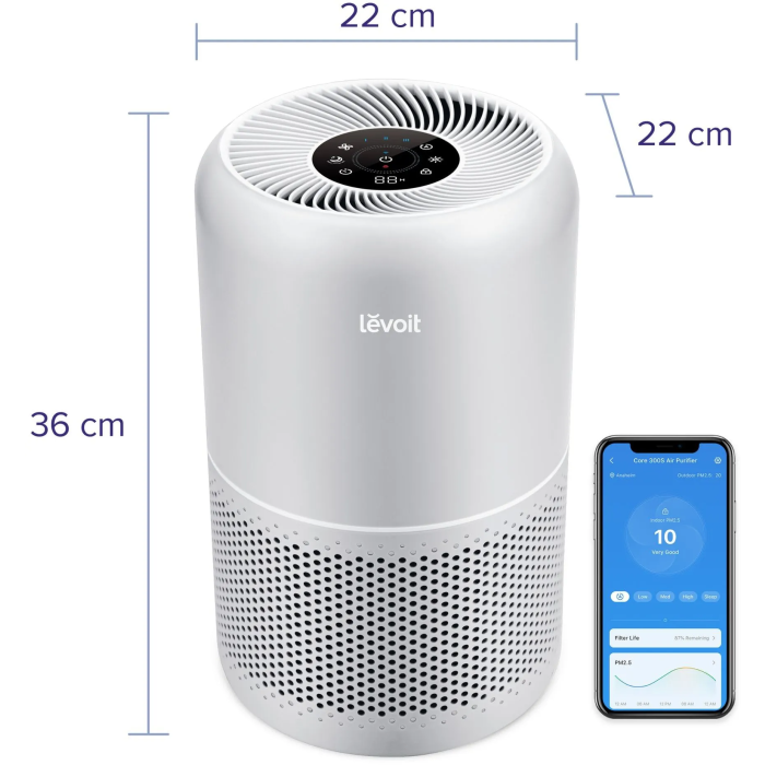 Levoit LEV1711011121746 Purificador de aire Core 300S Pro - Filtración de 3 etapas, para áreas de hasta 50 m2, funcionamiento silencioso 22 dB