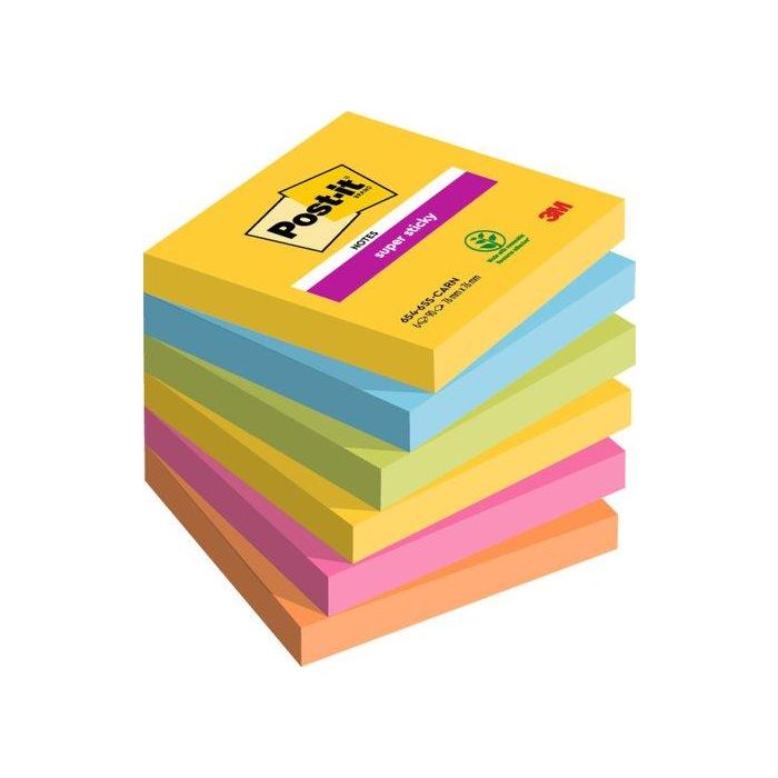 Post-it Bloc de notas adhesivas Super Sticky 76x76 mm con 90 hojas, Pack de 6, Colores Surtidos