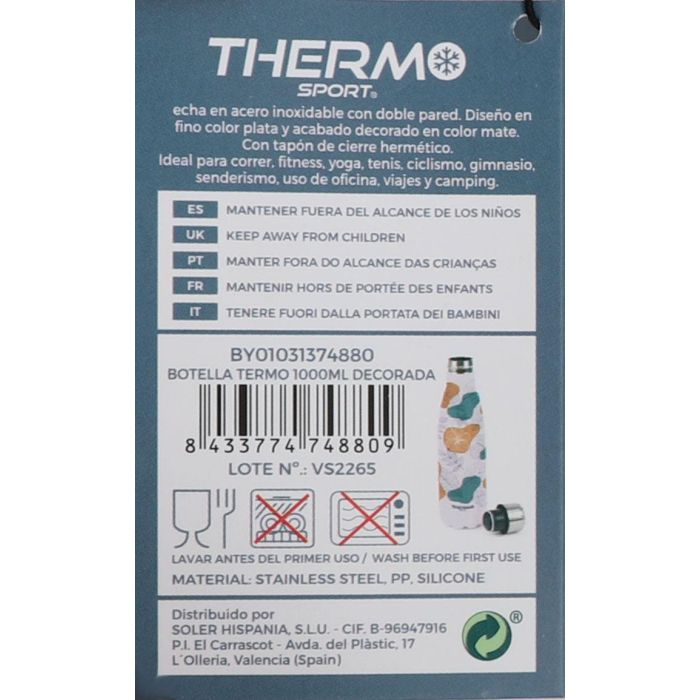 Thermosport Botella Termo 1000Ml Decorada 9x32cm (6 Unidades)