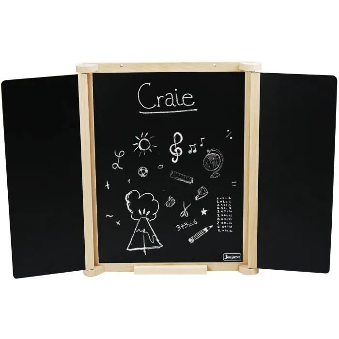 Jeujura Tríptico Cuadro Mural en Madera Natural JEU3225280879109 con Persianas Centrales de Pizarra y Tiza/Fieltro, Accesorios Incluidos, 82x56 cm