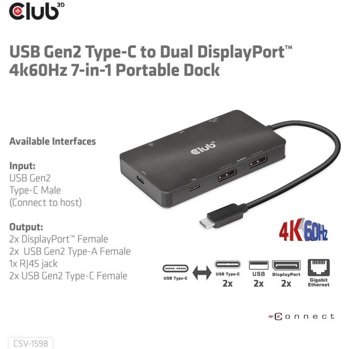 Club3D CSV-1598 Hub USB-C 7 en 1: 2xDisplayPort 4K60Hz, 2xUSB, 2xUSB-C, LAN Gigabit Ethernet, PD 100W 12 Club3D CSV-1598 Hub USB-C 7 en 1: 2xDisplayPort 4K60Hz, 2xUSB, 2xUSB-C, LAN Gigabit Ethernet, PD 100W 12
