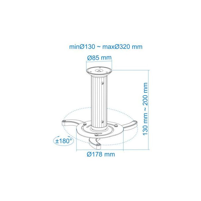 TooQ PJ1010TN-B Soporte de Techo para Proyector Inclinable ±15°, Giratorio ±180°, Carga 10kg, Negro, Distancia 130/200mm 6