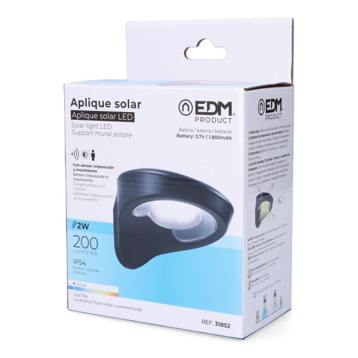 Edm Aplique Solar 2W 200LM 6500K con Sensor, Color Negro, 31 LEDs, IP54 4 Edm Aplique Solar 2W 200LM 6500K con Sensor, Color Negro, 31 LEDs, IP54 4