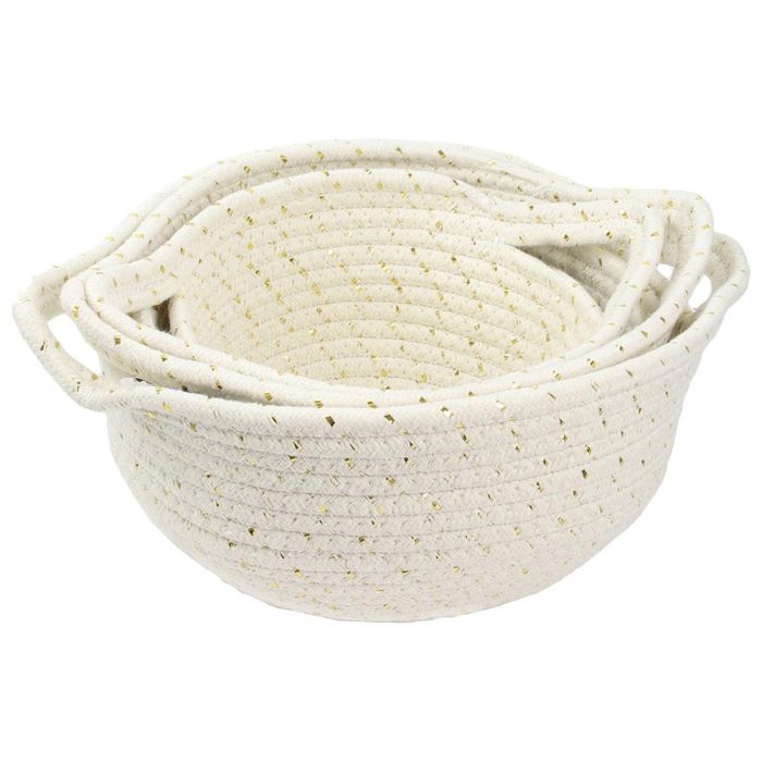 Totally Addict Juego de 3 Cestas Blancas Algodón y Fibra Dorada Colección Make A Wish 2