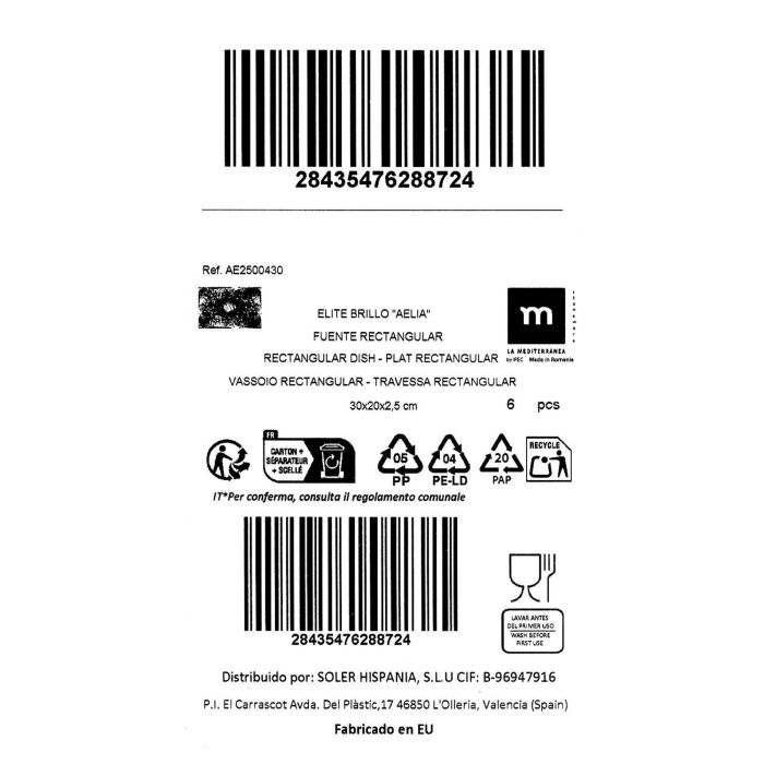 La Mediterranea Fuente Rectangular 30 cm x 20 cm Elite Brillo Aelia (6 Unidades) 2