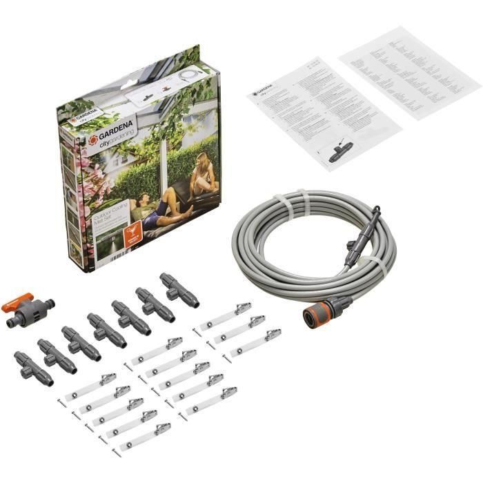 Gardena Kit de nebulización con manguera de 10m, 7 boquillas, clips para fijación y accesorios de conexión. 1