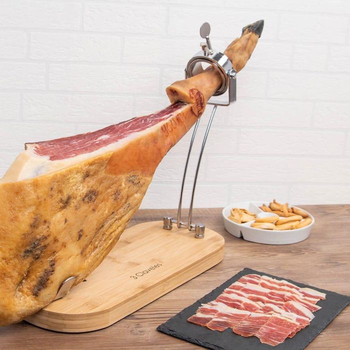 3 Claveles Jamonero Plegable y Giratorio 360º con Cabezal de Acero Inoxidable, Base de Bambú y Doble Posición para Jamón 5
