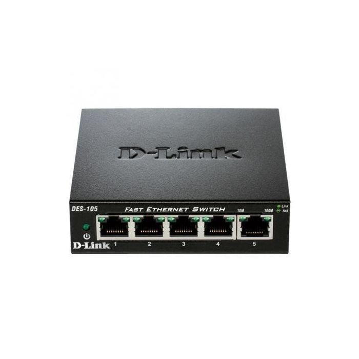 D-Link DES-105 Switch Conmutador de Red 5 Puertos Fast Ethernet 10/100 Mbps RJ-45 Plug & Play, Silencioso con Carcasa Metálica y QoS