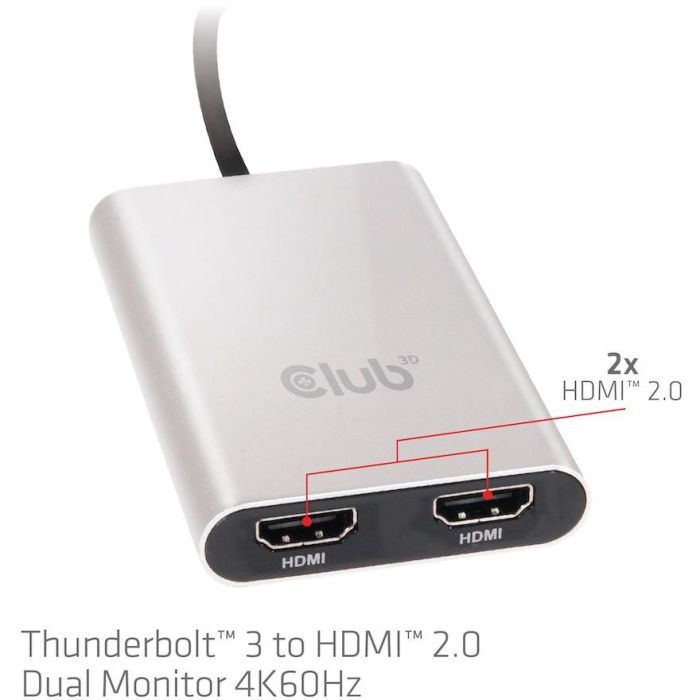 Club3D Adaptador Thunderbolt 3 a 2x HDMI 4K@60Hz - USB Tipo C a Doble HDMI 2.0 (3840 x 2160 Píxeles) 3 Club3D Adaptador Thunderbolt 3 a 2x HDMI 4K@60Hz - USB Tipo C a Doble HDMI 2.0 (3840 x 2160 Píxeles) 3