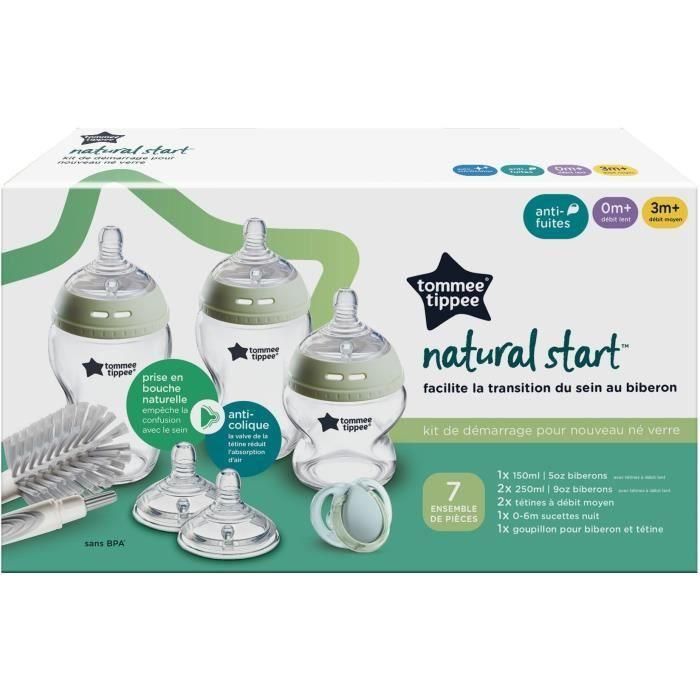 Caja para biberones - TOMMEE TIPPEE - NATURAL START - Vidrio - Biberones anticólicos 150 ml / 250 ml - Tetinas flujo medio 1