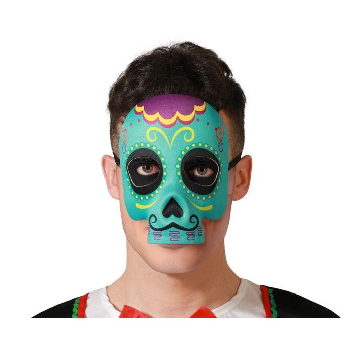 Máscara Calavera Verde Con Detalles Amarillos Y Lilas Para Día De Los Muertos