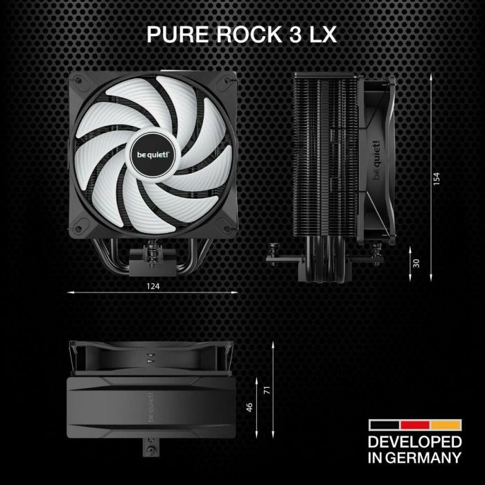 be quiet! Pure Rock 3 LX - Disipador de CPU de aire, 4 tubos de calor, 120mm PWM, TDP 190W, compatibilidad LGA 1851/1700/1200 & AM5/AM4, iluminación LED multicolor, Negro