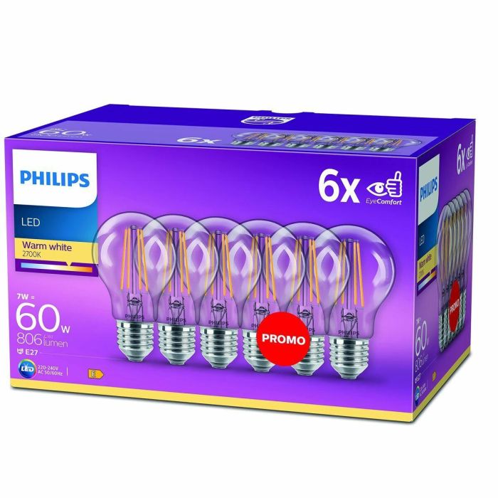 Philips PHI8718696775059 | Paquete de 6 Bombillas LED E27 Transparentes, 60W Equivalente, Luz Blanca