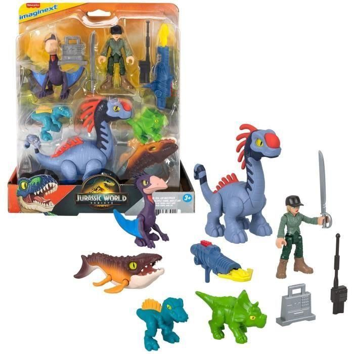 Imaginext Jfr25 Pack Figuras Dinosaurios Jurassic World: El Renacer, 6 Figuras Acción, 1 Humano, 5 Dinosaurios, Lanzador Proyectil, +3 Años