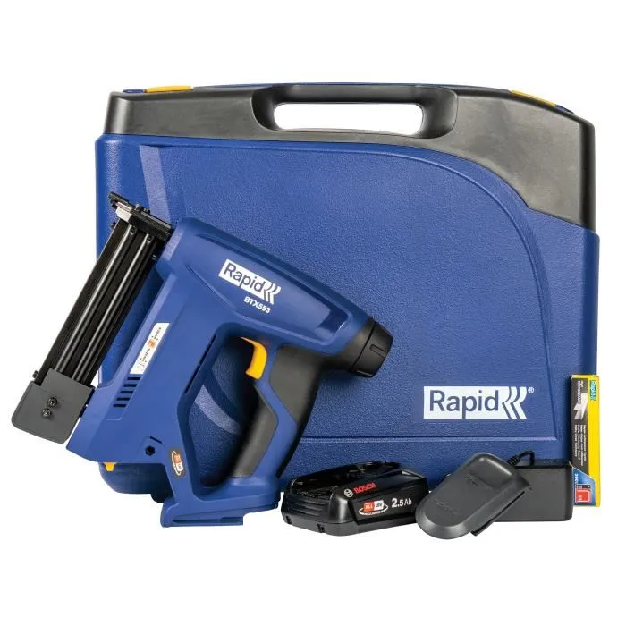 Rapid BTX553 Grapadora de Batería 18V para Grapas 53/8-20mm y 8/15-20mm con Estuche, Batería 2.5Ah y Cargador 1